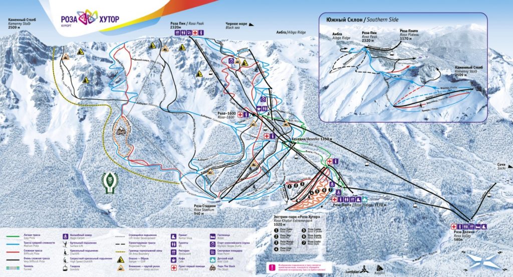 Карта трасс и подъемников горнолыжного курорта Роза Хутор
